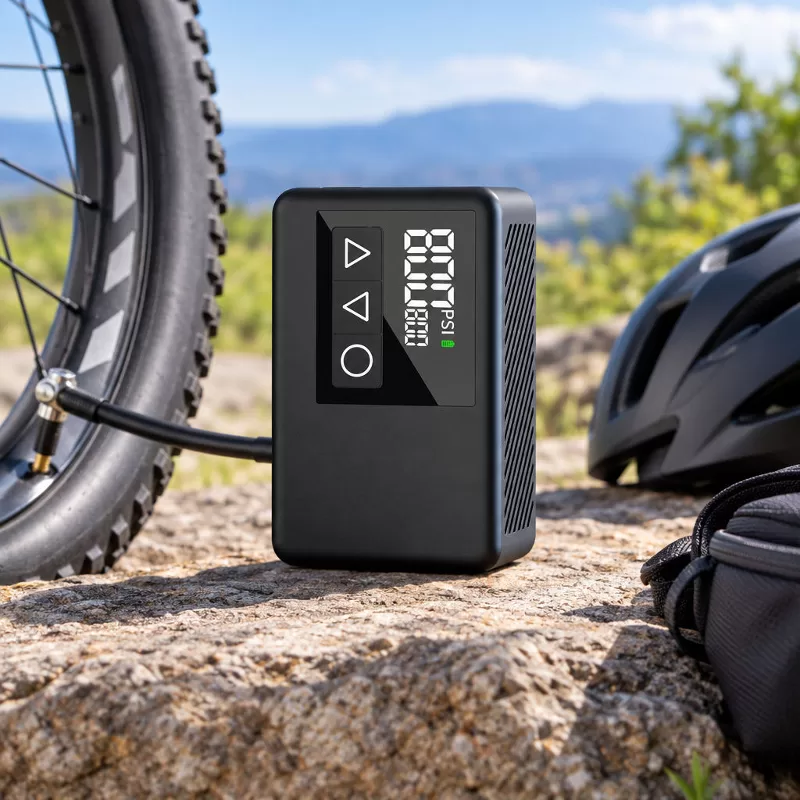 Handheld electric bike pump Angled view of a handheld electric bike pump showing segmented pressure display and push-button controls