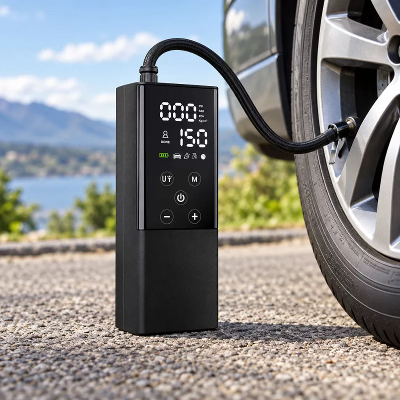 Compact Digital Tire Inflator Display and Control Pad Front studio view of a black rounded-rectangle portable tire inflator featuring a segmented LCD screen and circular control pad