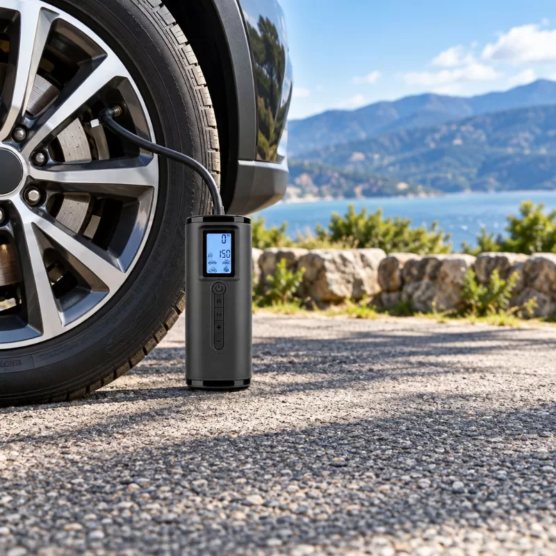 Cordless Tire Inflator Emergency Power Bank Function Promotional composite showing a black handheld inflator acting as an emergency power bank connected to a smartphone, tablet, and laptop