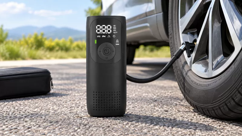 Cordless Tire Inflator with Flexible Air Hose and Nozzle Adapters Black rectangular tire inflator leaning beside a detached flexible air hose, valve and needle adapters, and application icons