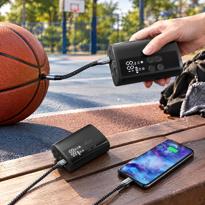 Compact Black P101 Electric Ball Pump with LED Display Graphic hero view of the compact black P101 ball pump showing the LED screen, brass connector, Type-C port, and 4000mAh battery capacity