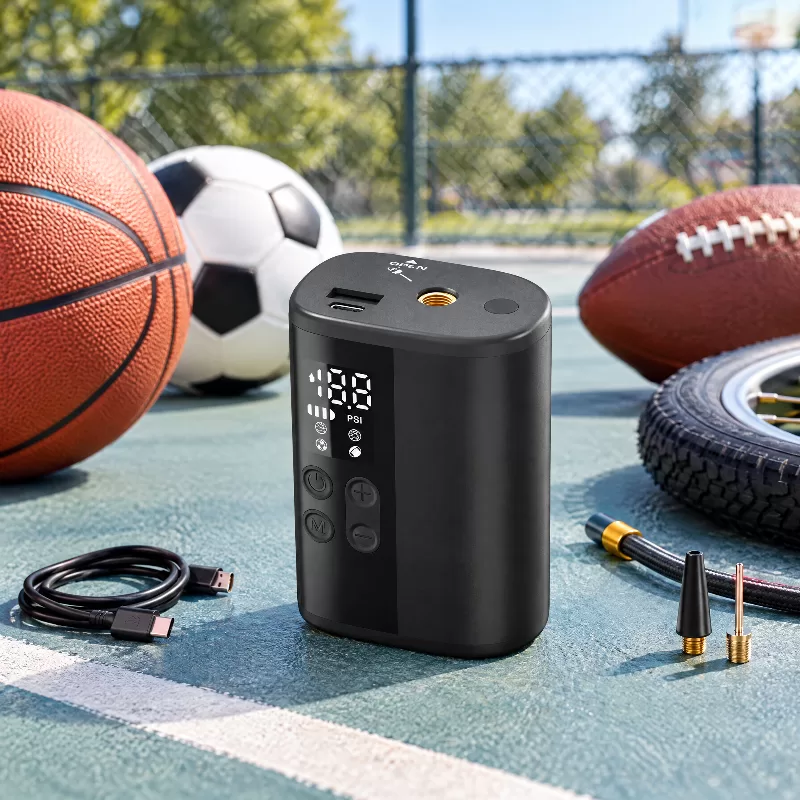 P101 Ball Pump Built-In Light and Smartphone Power Bank Function Composite view of the black P101 ball pump held in a hand with its built-in light beam on and connected to a smartphone as a power bank