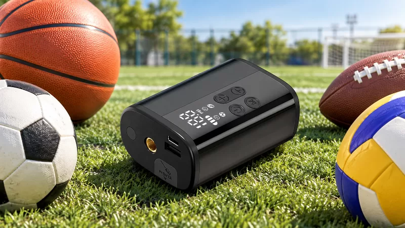 P101 Electric Ball Pump Accessories and Braided Hose Kit Multi-panel collage showing the P101 ball pump in hand with its segmented LED display, four sports balls, USB cable, threaded adapters, and braided inflation hose