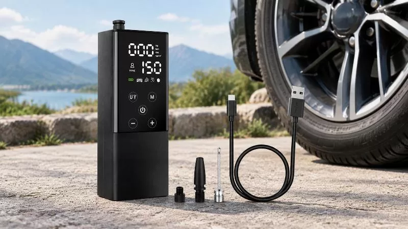 GP2 Inflator with Complete Adapter Kit and Cables Smart tire inflator unit shown with full retail accessory package and certifications