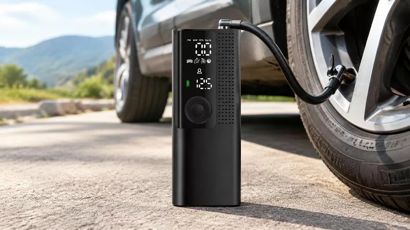 Smart Tire Inflator Handheld Form Factor Compact smart tire inflator handheld unit surrounded by adapters and charging cable