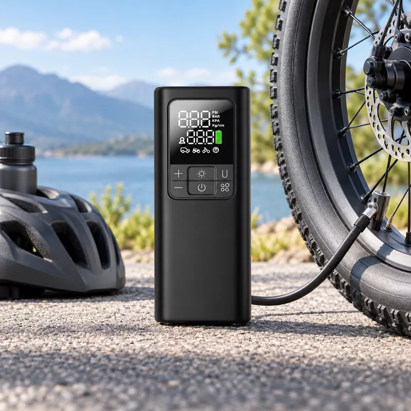 Compact Electric Tire Inflator Front View Front studio view of a compact black inflator with an orange accent panel and segmented LCD display