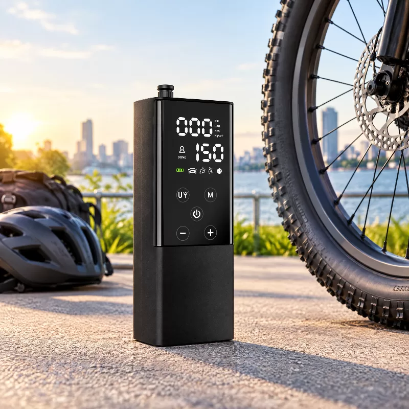 Portable Tire Inflator With Digital Display Straight-on studio view of a rounded rectangular black tire inflator showing a segmented digital display and directional control pad