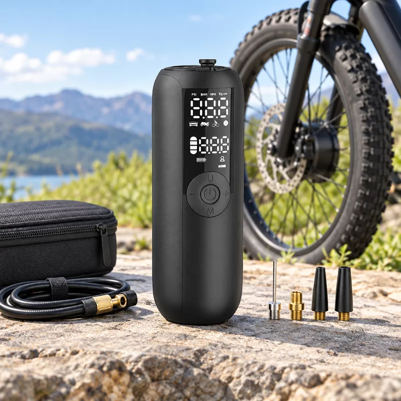 Slim Portable Electric Inflator Front Panel Front view of a slim black rectangular portable inflator featuring a recessed LCD readout and lower ventilation holes